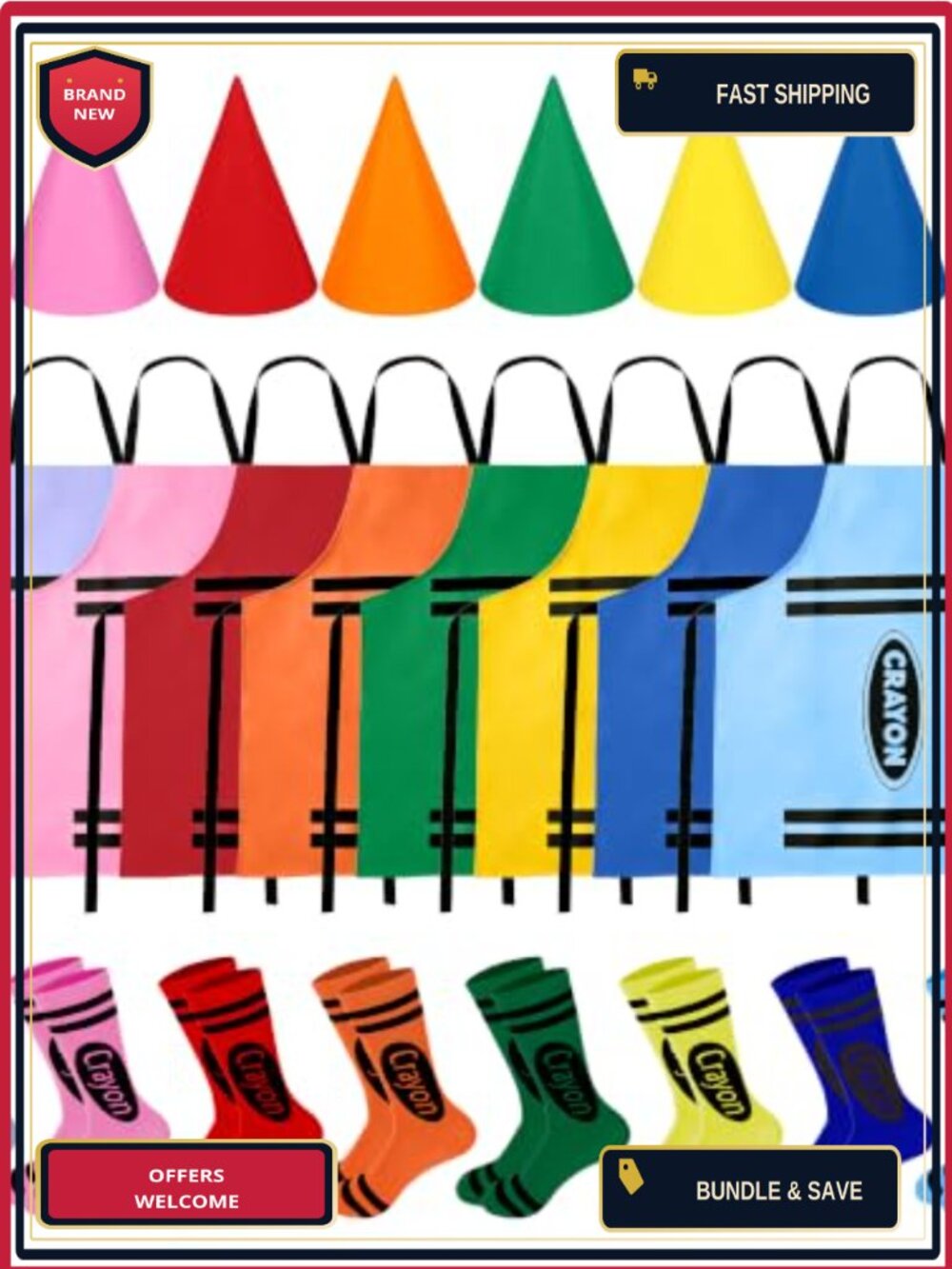 Adult Crayon Group Costume Set Aprons Hats Socks Halloween Cosplay